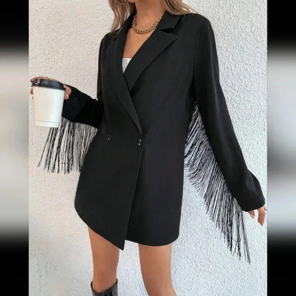 Lapel Neck Fringe Trim Longline Blazer - Picture 1 of 6